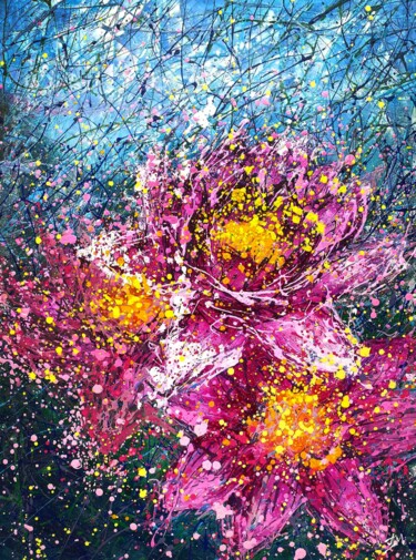 Картина под названием "Pink flowers Water…" - Nadiia Antoniuk, Подлинное произведение искусства, Акрил