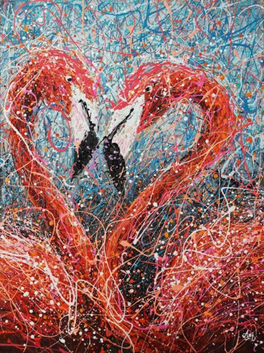 Malerei mit dem Titel "Flamingo painting S…" von Nadiia Antoniuk, Original-Kunstwerk, Acryl Auf Keilrahmen aus Holz montiert