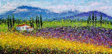 Schilderij getiteld "Lavender Landscape…" door Nadiia Antoniuk, Origineel Kunstwerk, Acryl Gemonteerd op Frame voor houten b…