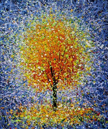 Bright yellow tree Yellow Blue painting Modern landscape Картина под названием "Bright yellow tree…" - Nadiia Antoniuk, Подлинное произведение искусства, Акрил Установлен на Деревян…