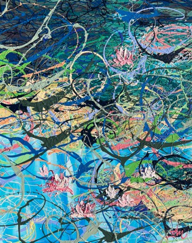 Картина под названием "Lake landscape with…" - Nadiia Antoniuk, Подлинное произведение искусства, Акрил Установлен на Деревя…