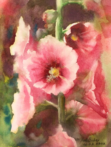 Malerei mit dem Titel "Malva flower" von Nadiia Dubei, Original-Kunstwerk, Aquarell