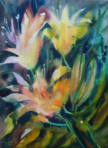 Malerei mit dem Titel "Lily flower" von Nadiia Dubei, Original-Kunstwerk, Aquarell