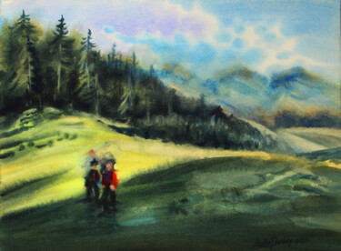 Malerei mit dem Titel "Carpathian mountains" von Nadiia Dubei, Original-Kunstwerk, Aquarell