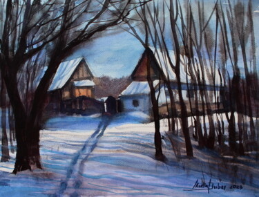 Painting titled ""Winter Landscape"" by Nadiia Dubei, Original Artwork, Watercolor