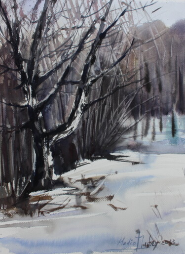 Pintura intitulada "Winter forest" por Nadiia Dubei, Obras de arte originais, Aquarela