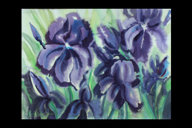 Malerei mit dem Titel "Irises are purple" von Nadiia Dubei, Original-Kunstwerk, Aquarell