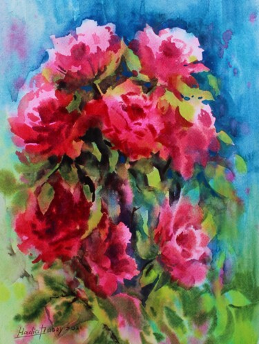 Painting titled "Red roses" by Nadiia Dubei, Original Artwork, Watercolor