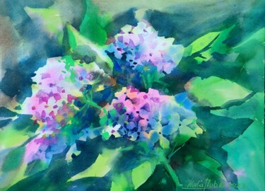 Schilderij getiteld "Hydrangea flower" door Nadiia Dubei, Origineel Kunstwerk, Aquarel