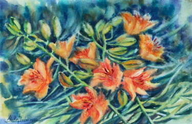 Malerei mit dem Titel "Flowers Orange lili…" von Nadiia Dubei, Original-Kunstwerk, Aquarell