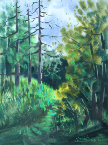 Painting titled "Forest" by Nadiia Dubei, Original Artwork, Watercolor