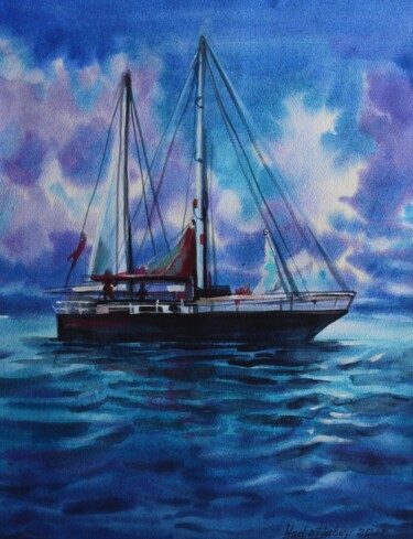Картина под названием "Boat in the sea" - Nadiia Dubei, Подлинное произведение искусства, Акварель