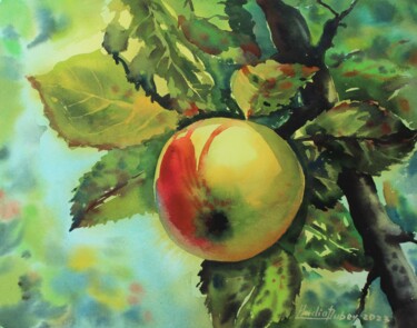 Malerei mit dem Titel "Apple tree in the l…" von Nadiia Dubei, Original-Kunstwerk, Aquarell