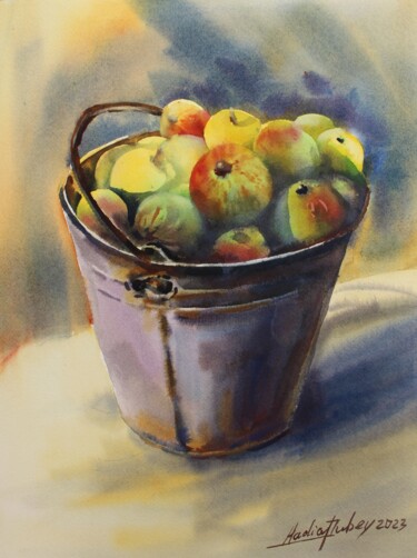 Painting titled "Яблука у відрі" by Nadiia Dubei, Original Artwork, Watercolor