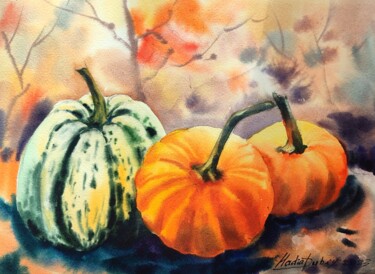 Painting titled "Pumpkins" by Nadiia Dubei, Original Artwork, Watercolor