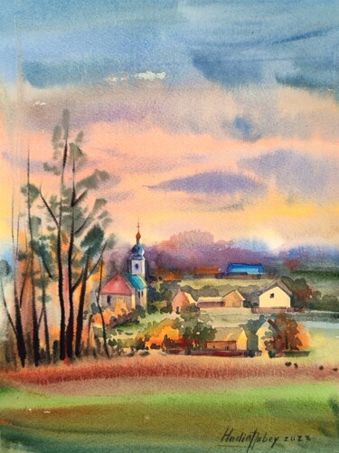 Painting titled "Rural landscape in…" by Nadiia Dubei, Original Artwork, Watercolor