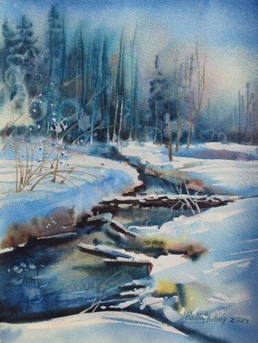 Картина под названием "Winter river" - Nadiia Dubei, Подлинное произведение искусства, Акварель