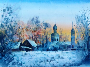Painting titled "Winter night" by Nadiia Dubei, Original Artwork, Watercolor