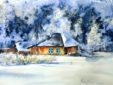Painting titled "Frost on the trees" by Nadiia Dubei, Original Artwork, Watercolor