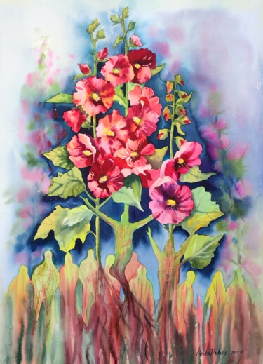Painting titled "Malva sprouted from…" by Nadiia Dubei, Original Artwork, Watercolor