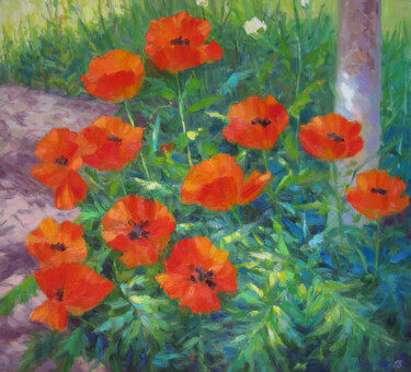 Malerei mit dem Titel "Mohnblumen im Garten" von Nadiia Pinchuk, Original-Kunstwerk, Öl