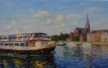 Картина под названием "Boat on the river.…" - Nadiia Pinchuk, Подлинное произведение искусства, Масло