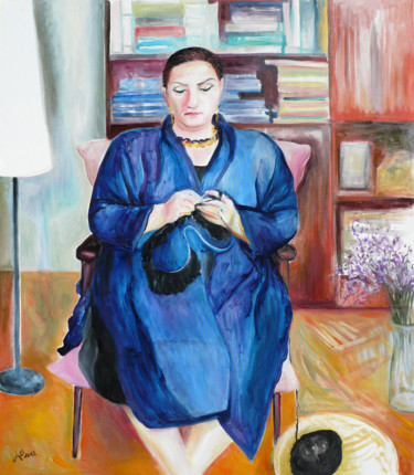 Painting titled "Mom Knitting in Blue" by Nadina Pascariu, Original Artwork, Oil