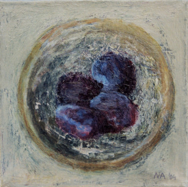 Painting titled "Plate with Plums" by Nadina Pascariu, Original Artwork, Oil