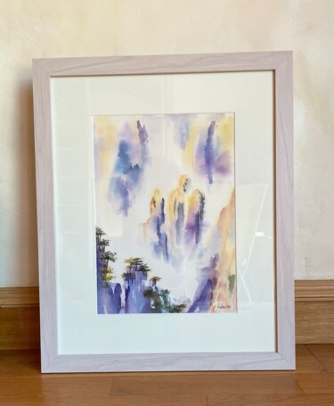 Painting titled "Falaise" by Nadine Guigonnet (Nadine Baz), Original Artwork, Watercolor Mounted on Wood Panel