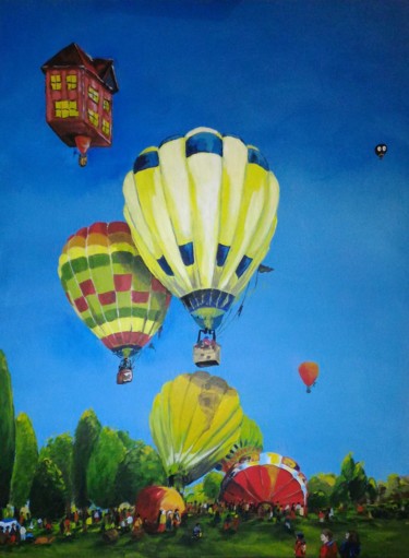 Painting titled "Les montgolfières" by Eyquem, Original Artwork, Acrylic Mounted on Wood Stretcher frame