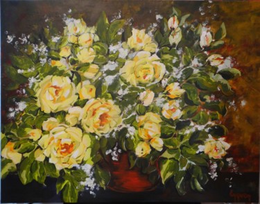 Painting titled "Un bouquet de roses…" by Eyquem, Original Artwork, Acrylic Mounted on Wood Panel
