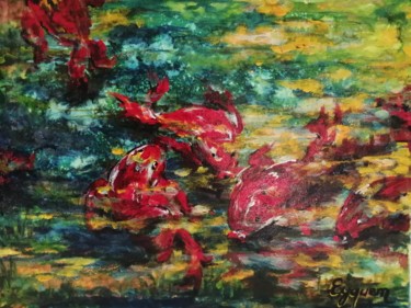 Schilderij getiteld "Rouge koï en eau do…" door Eyquem, Origineel Kunstwerk, Acryl