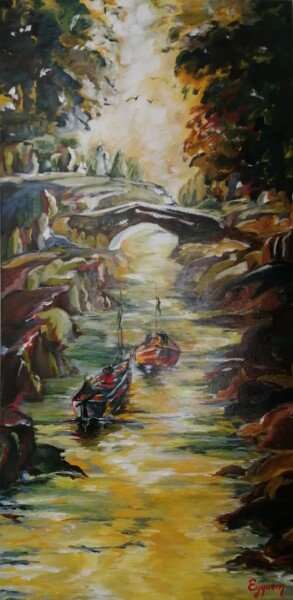 Painting titled "En remontant la riv…" by Eyquem, Original Artwork, Acrylic Mounted on Wood Panel