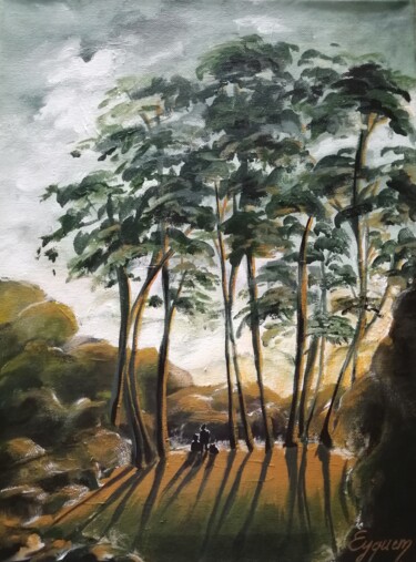 Painting titled "Arrivés au crépuscu…" by Eyquem, Original Artwork, Acrylic Mounted on Wood Stretcher frame