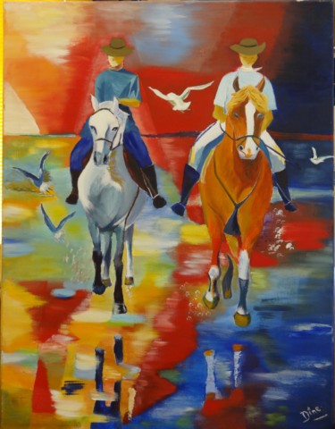 Schilderij getiteld "Camargue - Guardians" door Nadine Bichon, Origineel Kunstwerk, Olie