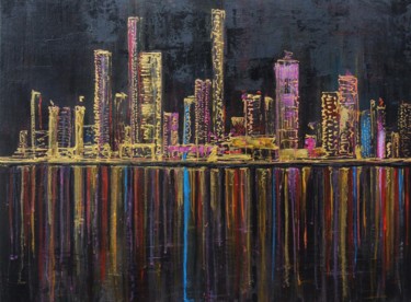 Painting titled "nuit en ville" by Nadine Flicourt (nafli), Original Artwork, Acrylic