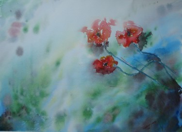 Painting titled "Coquelicot" by Nadine Genesse, Original Artwork, Watercolor