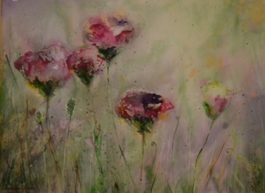 Painting titled "Coquelicots mauves" by Nadine Genesse, Original Artwork, Watercolor