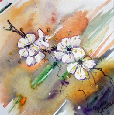 Painting titled "Fleurs blanches" by Nadine Genesse, Original Artwork, Oil