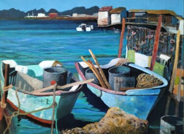 Painting titled "Bateaux à la Pointe…" by Nadine Imbert, Original Artwork, Acrylic Mounted on Wood Stretcher frame