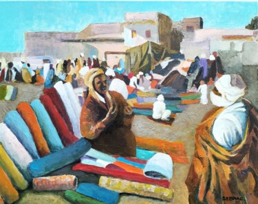 Peinture intitulée "Le marché aux tissus" par Nadine Imbert, Œuvre d'art originale, Acrylique Monté sur Châssis en bois