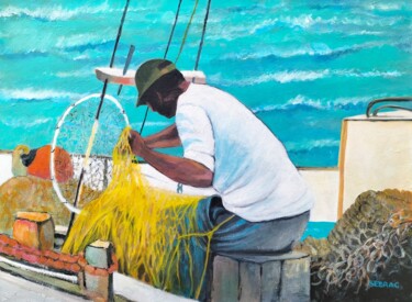 Schilderij getiteld "Le pêcheur grec" door Nadine Imbert, Origineel Kunstwerk, Acryl Gemonteerd op Frame voor houten brancard