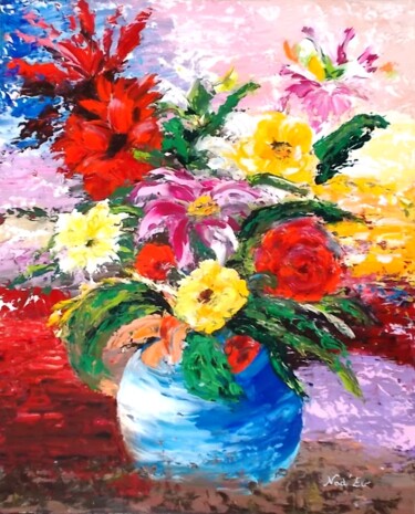 Painting titled "Bouquet Pétillant" by Nadine Jacot (Nad-Ev), Original Artwork, Oil