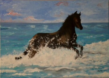 Painting titled "Cheval bord de mer" by Nadine Jacot (Nad-Ev), Original Artwork