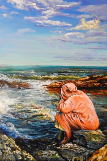 Painting titled "l'homme et la mer" by Nadine Lenzotti, Original Artwork, Acrylic Mounted on Wood Stretcher frame