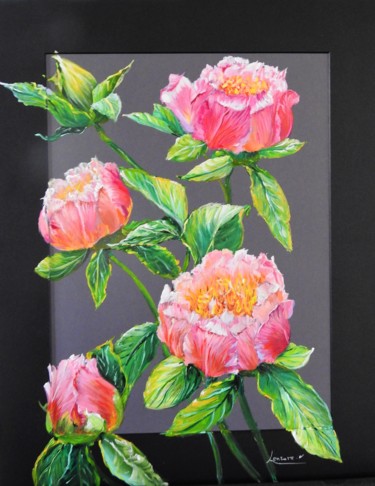 Peinture intitulée "pivoines roses 50x4…" par Nadine Lenzotti, Œuvre d'art originale, Acrylique
