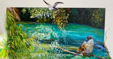 Painting titled "Fauvette sur le lac…" by Nadine Lenzotti, Original Artwork, Acrylic Mounted on Cardboard