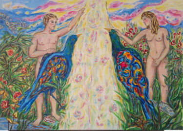 Malerei mit dem Titel "Lumière de paradis" von Nadine Rivoal, Original-Kunstwerk, Acryl Auf Keilrahmen aus Holz montiert