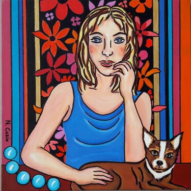 Painting titled "La blonde et le chi…" by Nadine Rivoal, Original Artwork, Acrylic Mounted on Wood Stretcher frame