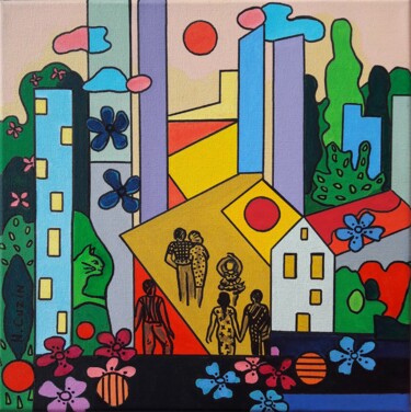 Painting titled "La cité radieuse" by Nadine Rivoal, Original Artwork, Acrylic Mounted on Wood Stretcher frame